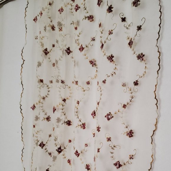 Vintage Sheer Curtain Panel Embroidered Flowers